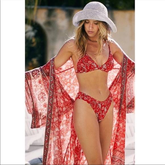 Gypsy Boho Paisley Print Maxi Duster Kimono Red - Picture 2 of 7